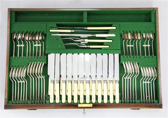 An early 20th century part canteen of silver plated Hanovarian pattern cutlery, width 33in.
